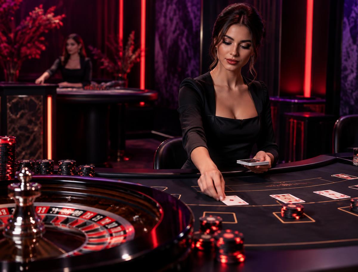 Live dealer deelt kaarten aan een blackjacktafel