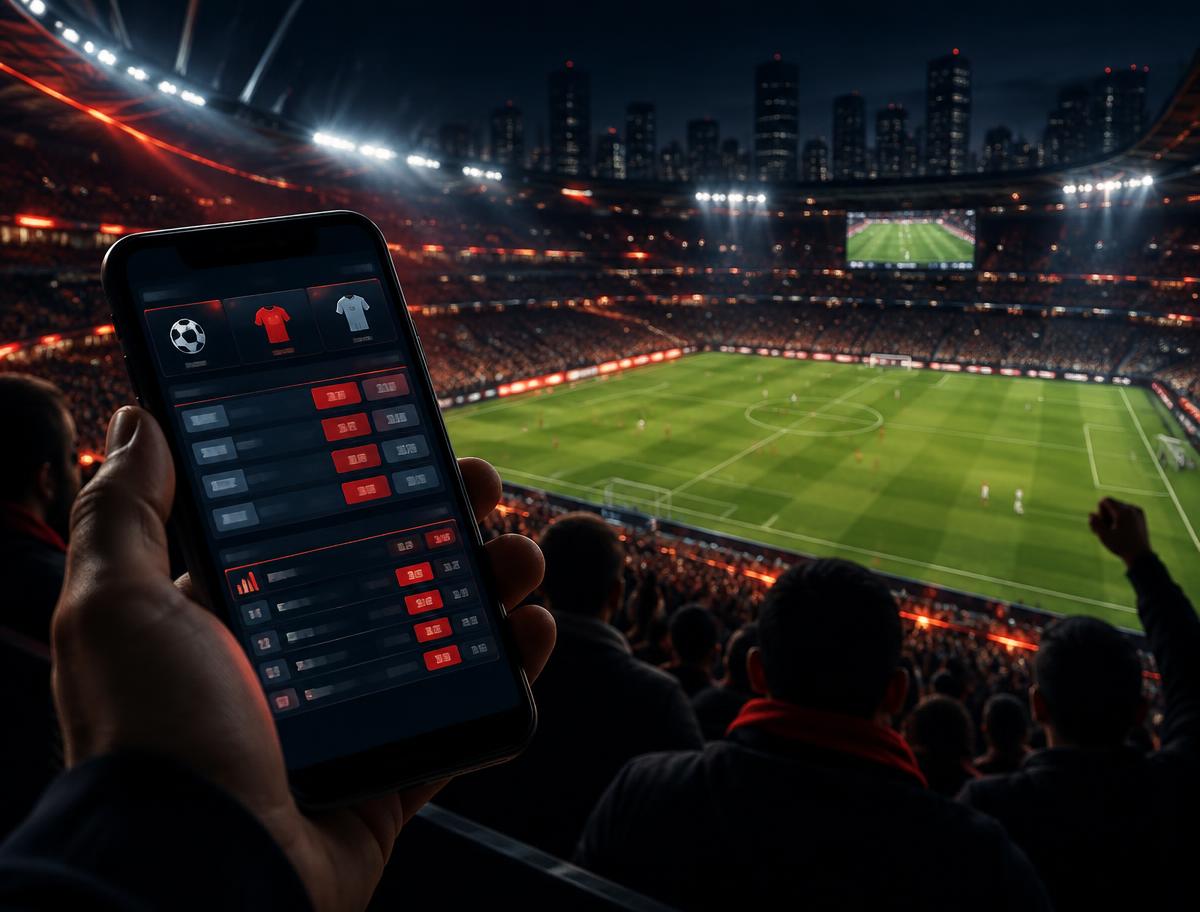 Supporter volgt een wedstrijd in het stadion met odds op zijn telefoon