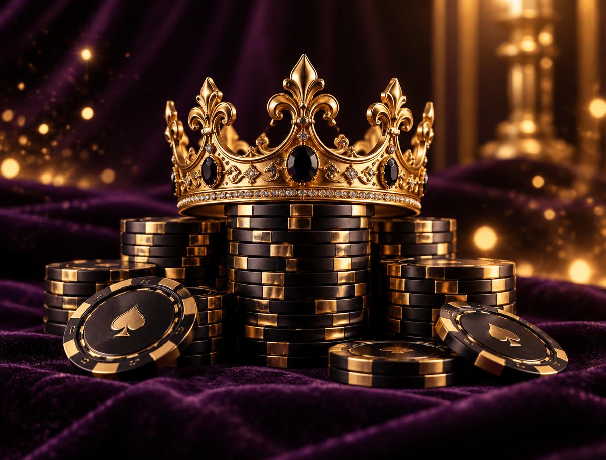 Gouden kroon op stapels zwarte en gouden pokerchips